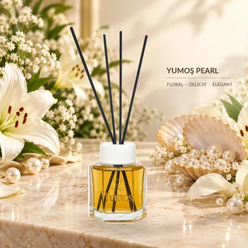 Odorizant Yumoş Pearl 120 ml cu flacon auriu și patru bețișoare negre, în decor elegant cu flori albe, perle și scoică decorativă.