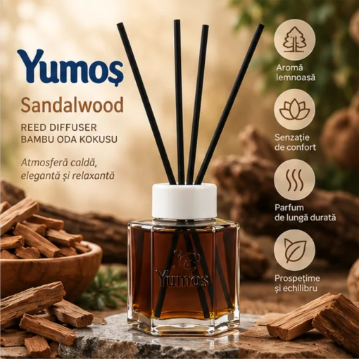 Odorizant Yumoş Sandalwood 120 ml cu patru bețișoare negre, în decor cu bucăți de lemn de santal și prezentarea aromei lemnoase.