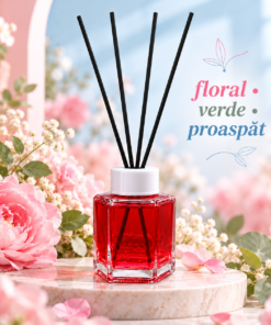 Odorizant Yumoş Yumos 120 ml, flacon roșu cu patru bețișoare negre, în decor cu flori roz, frunze verzi și descrierea aromei florale.