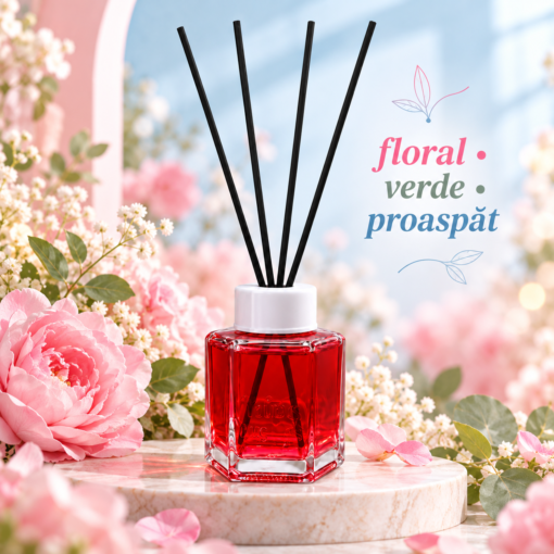 Odorizant Yumoş Yumos 120 ml, flacon roșu cu patru bețișoare negre, în decor cu flori roz, frunze verzi și descrierea aromei florale.