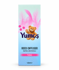 Cutie odorizant de cameră Yumoş Yumos 120 ml, ambalaj bleu cu pene roz, ursuleț și denumirea Yumos, pe fundal alb.