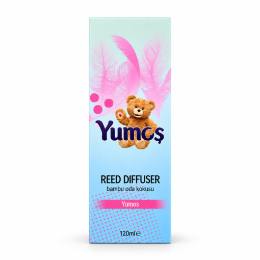 Cutie odorizant de cameră Yumoş Yumos 120 ml, ambalaj bleu cu pene roz, ursuleț și denumirea Yumos, pe fundal alb.