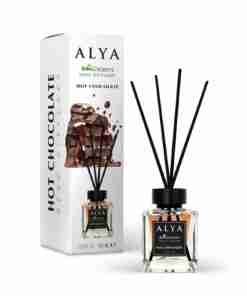 Odorizant de cameră Alya Hot Chocolate 100 ml, flacon cu bețișoare negre și cutie