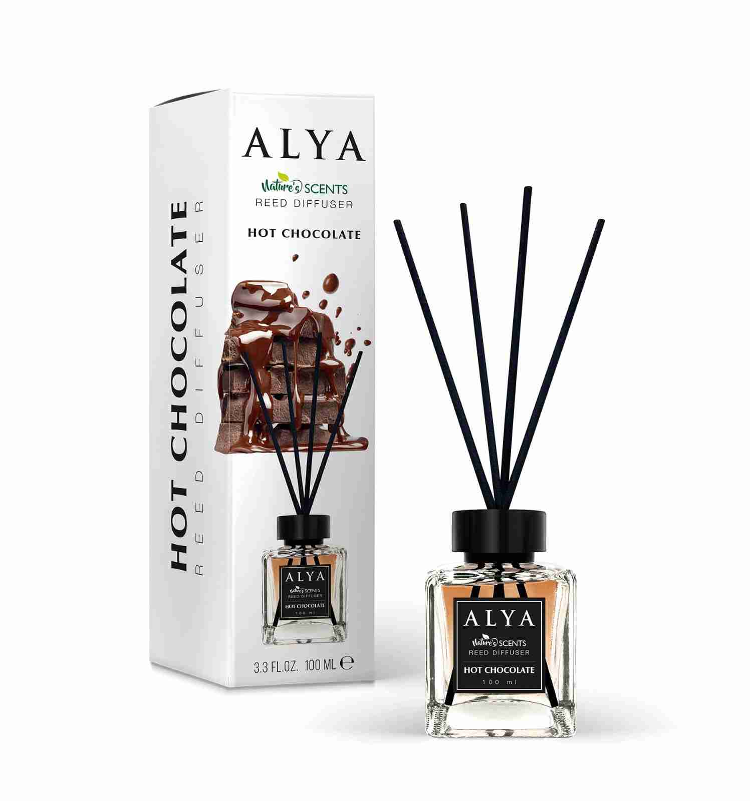 Odorizant de cameră Alya Hot Chocolate 100 ml, flacon cu bețișoare negre și cutie