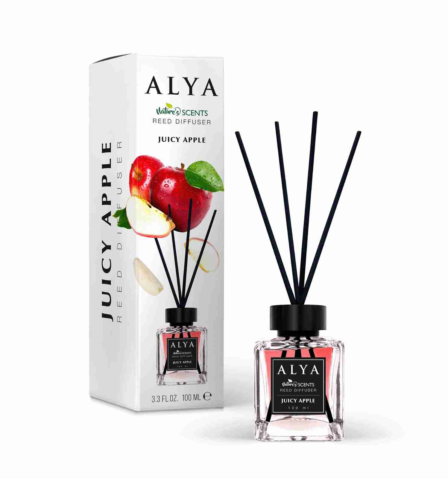 Odorizant de cameră Alya Juicy Apple 100 ml, flacon cu bețișoare negre și cutie
