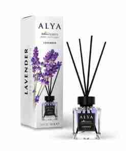Odorizant de cameră Alya Lavender 100 ml, flacon cu bețișoare negre și cutie