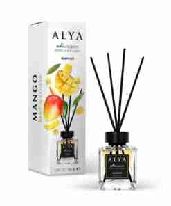 Odorizant de cameră Alya Mango 100 ml, flacon cu bețișoare negre și cutie