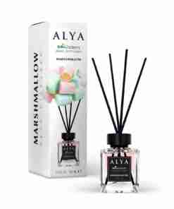 Odorizant de cameră Alya Marshmallow 100 ml, flacon cu bețișoare negre și cutie