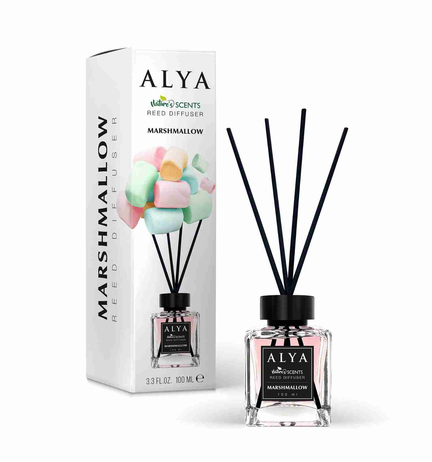 Odorizant de cameră Alya Marshmallow 100 ml, flacon cu bețișoare negre și cutie