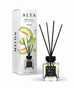 Odorizant de cameră Alya Melon 100 ml, flacon cu bețișoare negre și cutie