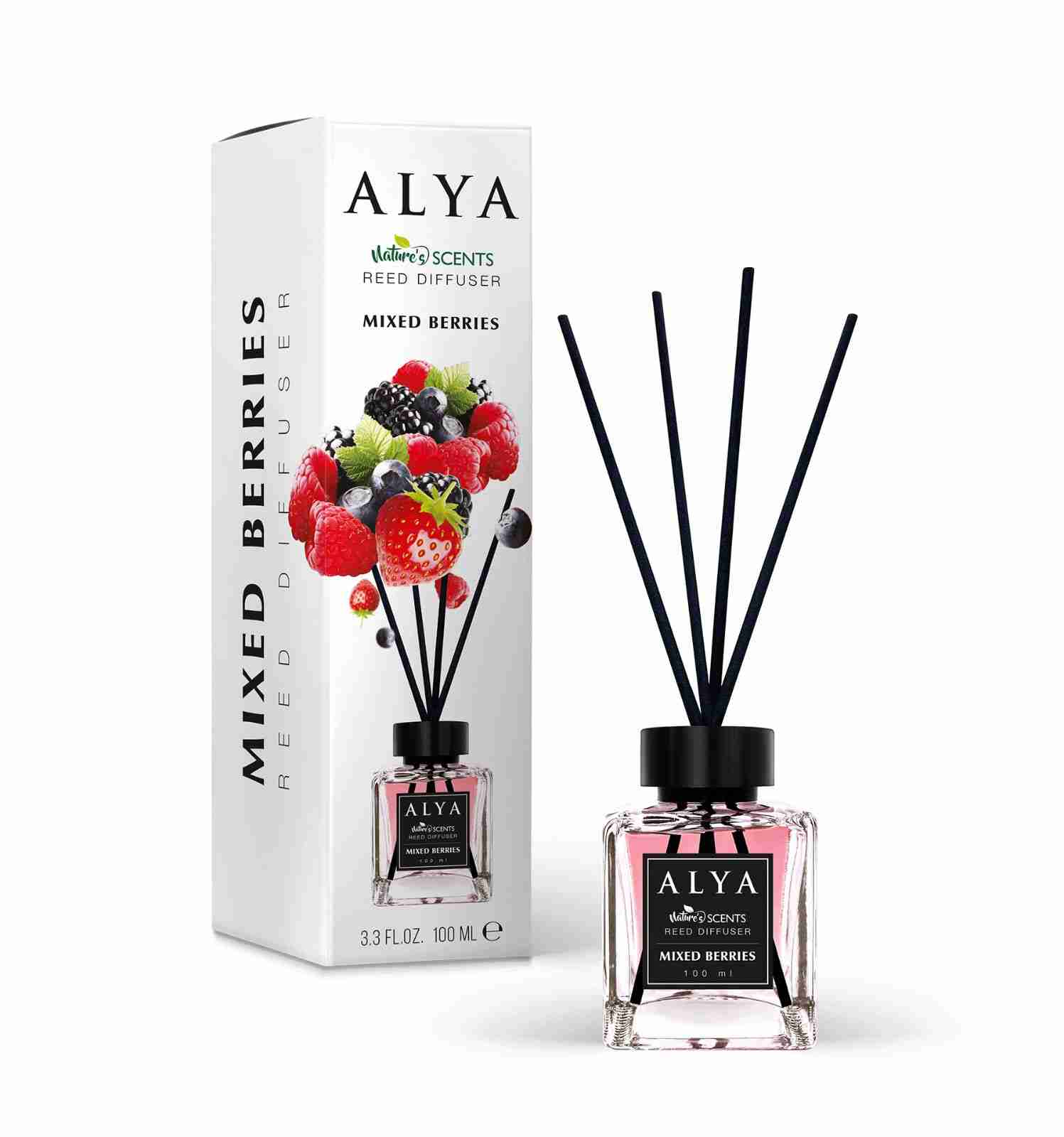 Odorizant de cameră Alya Mixed Berries 100 ml, flacon cu bețișoare negre și cutie