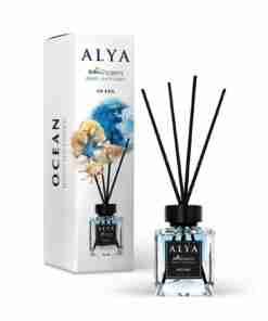Odorizant de cameră Alya Ocean 100 ml, flacon cu bețișoare negre și cutie