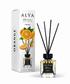 Odorizant de cameră Alya Orange 100 ml, flacon cu bețișoare negre și cutie