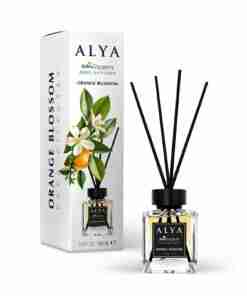 Odorizant de cameră Alya Orange Blossom 100 ml, flacon cu bețișoare negre și cutie