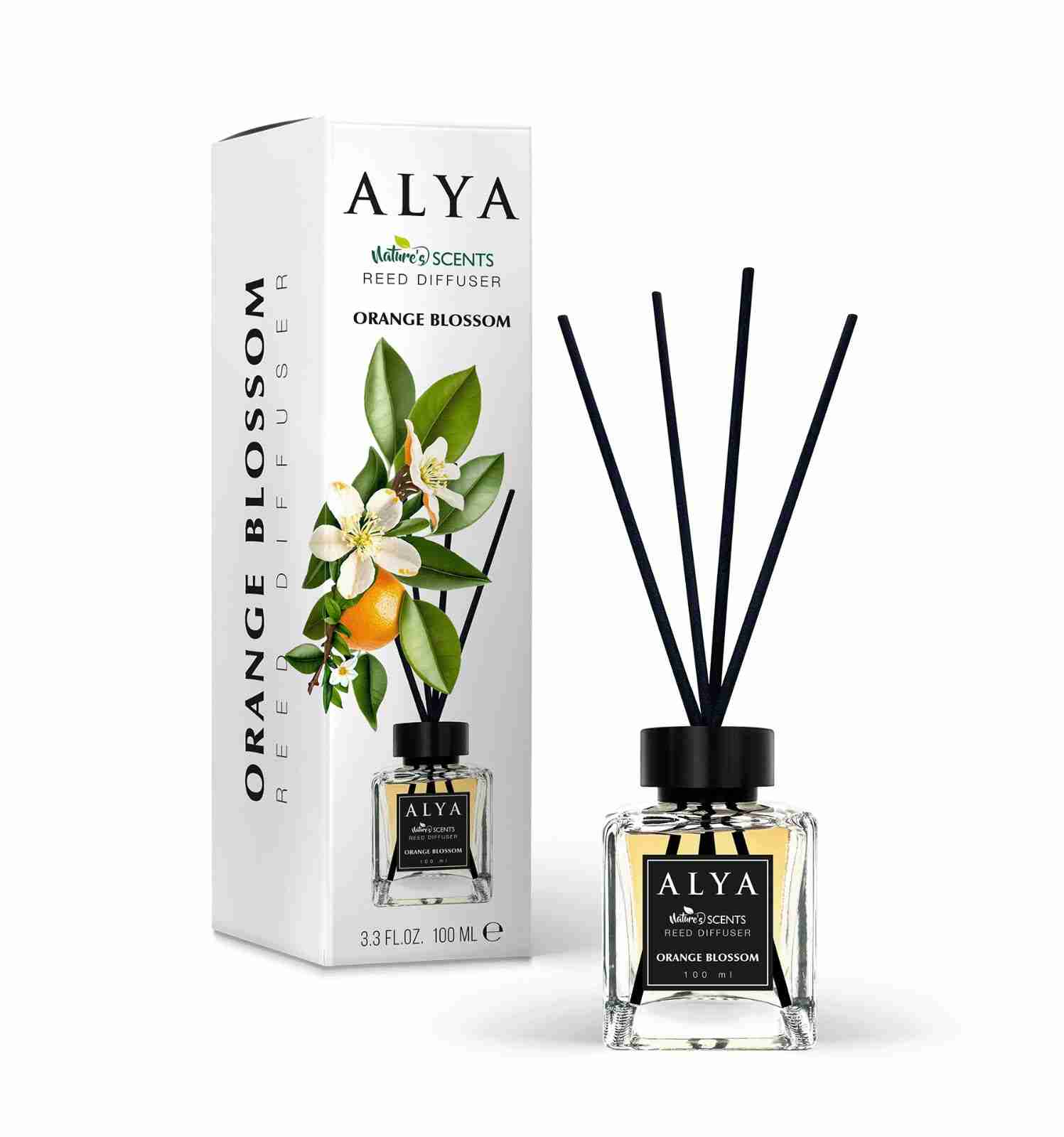 Odorizant de cameră Alya Orange Blossom 100 ml, flacon cu bețișoare negre și cutie