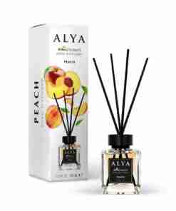 Odorizant de cameră Alya Peach 100 ml, flacon cu bețișoare negre și cutie