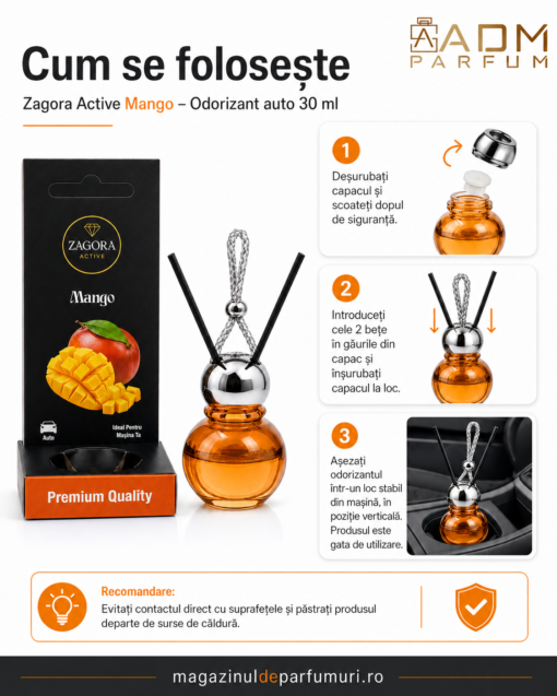 Cum se folosește odorizantul auto Zagora Active Mango 30 ml