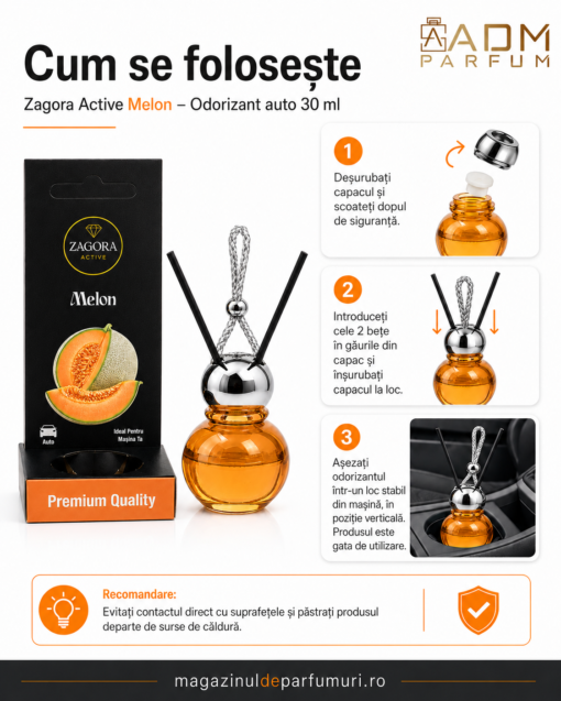 Cum se folosește odorizantul auto Zagora Active Melon 30 ml