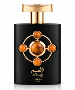 Lattafa Al Qiam Gold 100 ml, flacon negru cu capac auriu și ornament în nuanțe de chihlimbar