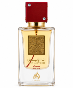 Lattafa Ana Abiyedh Rouge 60 ml, flacon cu lichid auriu, detalii aurii și capac roșu