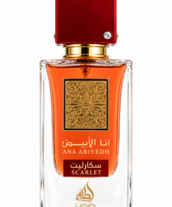 Lattafa Ana Abiyedh Scarlet 60 ml, flacon cu detalii aurii și capac roșu