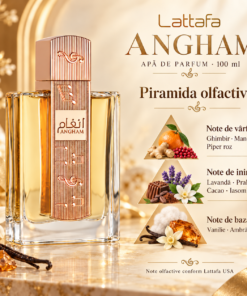 Piramida olfactivă Lattafa Angham 100 ml: ghimbir, mandarină și piper roz; lavandă, praline, cacao și iasomie; vanilie, ambră și mosc