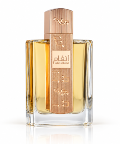 Lattafa Angham 100 ml, flacon cu lichid auriu și ornamente roz-aurii cu simboluri muzicale