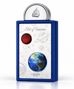 Lattafa Art of Universe 100 ml, flacon albastru cu capac argintiu și decor cu planete