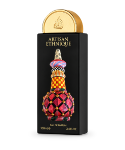 Lattafa Artisan Ethnique 100 ml, flacon negru cu capac auriu rotund și ornament multicolor