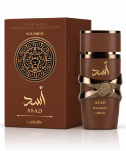 Lattafa Asad Bourbon 100 ml, flacon și cutie pe fundal alb