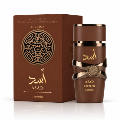 Lattafa Asad Bourbon 100 ml, flacon și cutie pe fundal alb