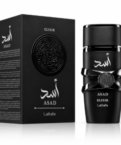 Lattafa Asad Elixir 100 ml, flacon și cutie pe fundal alb