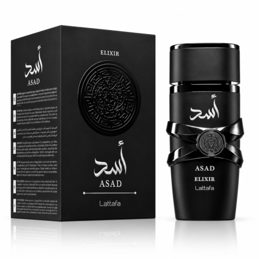 Lattafa Asad Elixir 100 ml, flacon și cutie pe fundal alb