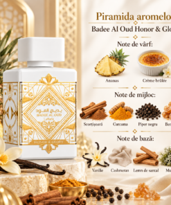 Piramida olfactivă Lattafa Badee Al Oud Honor & Glory 100 ml, cu notele de vârf, inimă și bază ilustrate