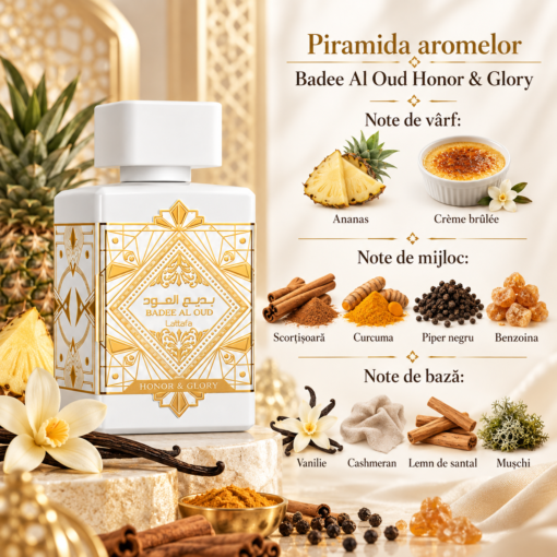 Piramida olfactivă Lattafa Badee Al Oud Honor & Glory 100 ml, cu notele de vârf, inimă și bază ilustrate