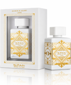 Lattafa Badee Al Oud Honor & Glory 100 ml, flacon și cutie pe fundal alb