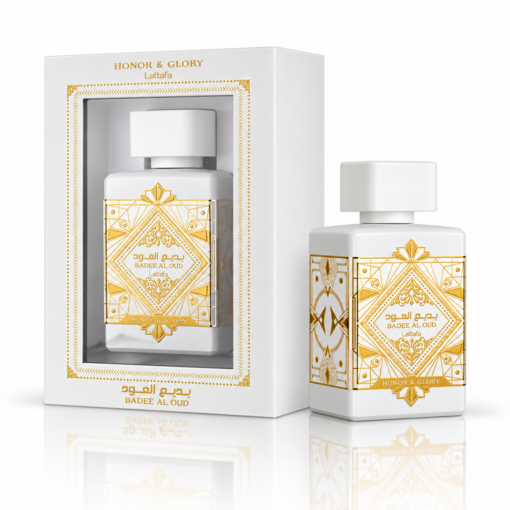 Lattafa Badee Al Oud Honor & Glory 100 ml, flacon și cutie pe fundal alb