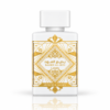 Lattafa Badee Al Oud Honor & Glory 100 ml, flacon alb cu ornamente aurii pe fundal alb