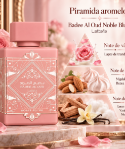 Piramida olfactivă Lattafa Badee Al Oud Noble Blush 100 ml, cu notele de vârf, inimă și bază ilustrate