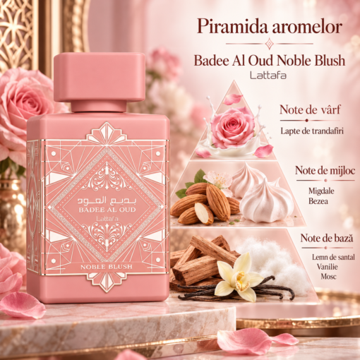 Piramida olfactivă Lattafa Badee Al Oud Noble Blush 100 ml, cu notele de vârf, inimă și bază ilustrate
