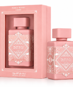 Lattafa Badee Al Oud Noble Blush 100 ml, flacon și cutie pe fundal alb