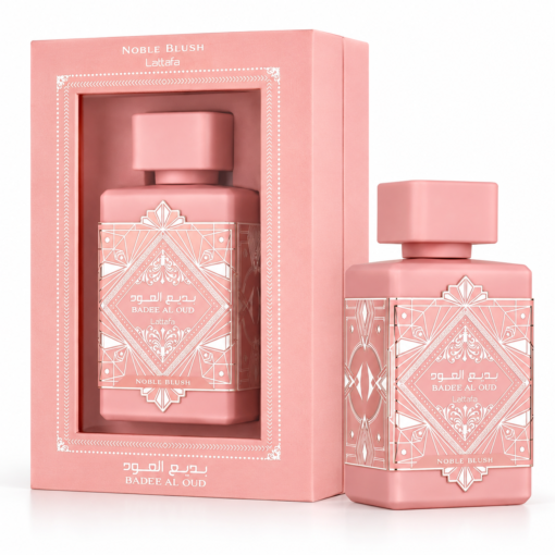Lattafa Badee Al Oud Noble Blush 100 ml, flacon și cutie pe fundal alb