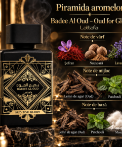 Piramida olfactivă Lattafa Badee Al Oud Oud for Glory 100 ml, cu notele de vârf, inimă și bază ilustrate