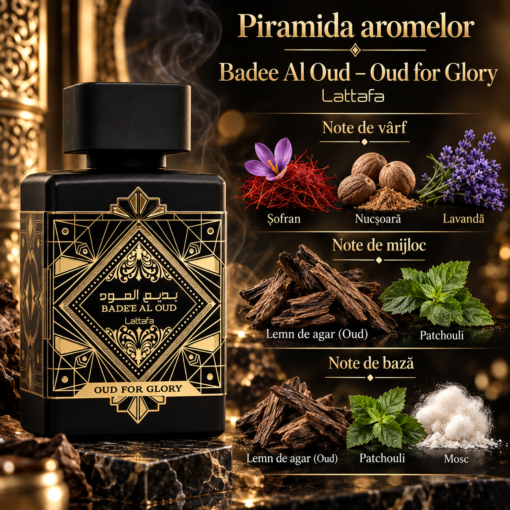 Piramida olfactivă Lattafa Badee Al Oud Oud for Glory 100 ml, cu notele de vârf, inimă și bază ilustrate