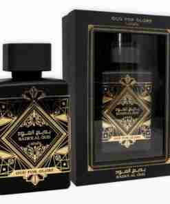 Lattafa Badee Al Oud Oud for Glory 100 ml, flacon și cutie pe fundal alb