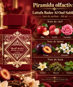 Piramida olfactivă Lattafa Badee Al Oud Sublime 100 ml: măr, litchi și trandafir; prune și iasomie; vanilie, mușchi și patchouli