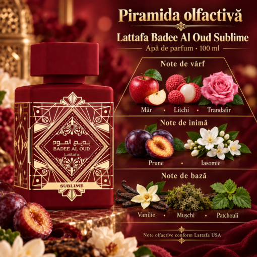 Piramida olfactivă Lattafa Badee Al Oud Sublime 100 ml: măr, litchi și trandafir; prune și iasomie; vanilie, mușchi și patchouli
