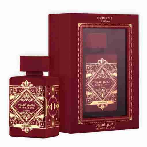 Lattafa Badee Al Oud Sublime 100 ml, flacon și cutie pe fundal alb