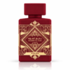 Lattafa Badee Al Oud Sublime 100 ml, flacon roșu cu ornamente aurii pe fundal alb