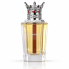 Lattafa Dynasty 100 ml, flacon fațetat cu lichid auriu și capac argintiu în formă de coroană, pe fundal alb